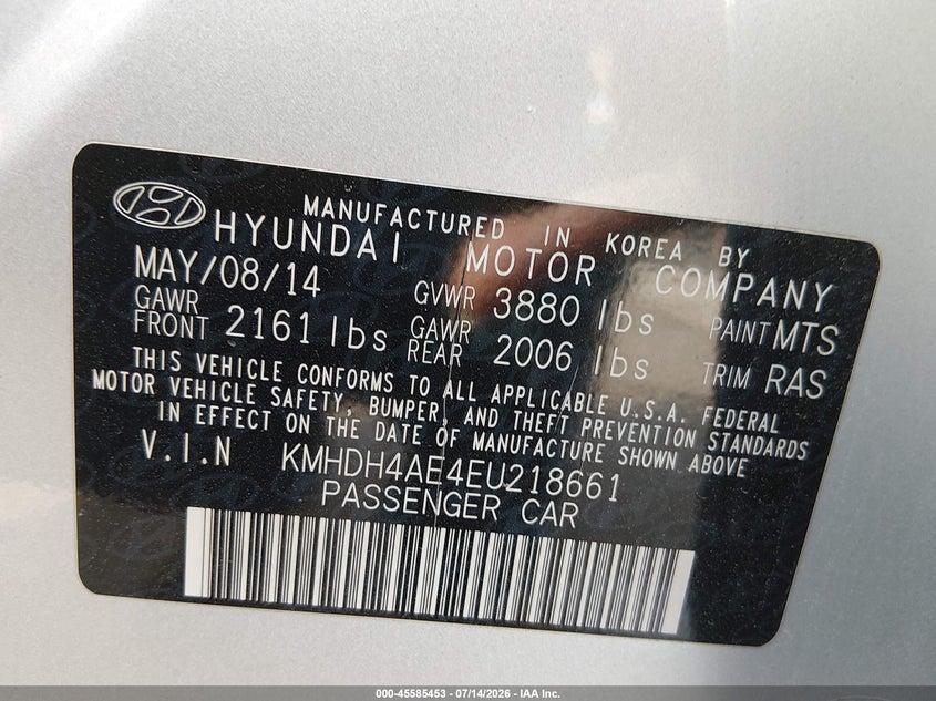 2014 Hyundai Elantra VIN KMHDH4AE4EU218661 IAAI salvage auction — REAR END, Salvage (Texas), sold $1,400 on 2026-07-22 (photo 9)