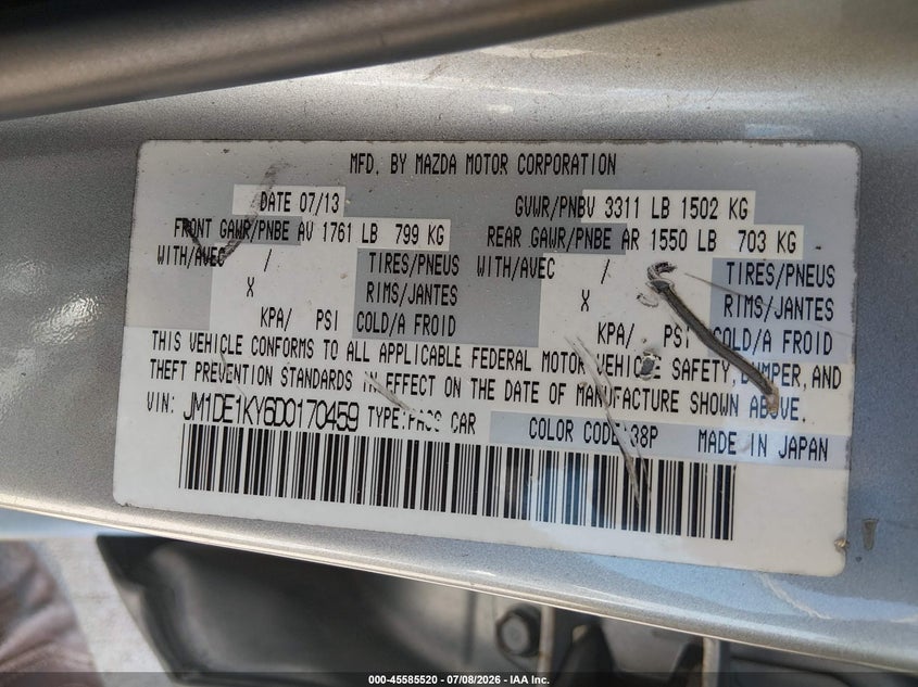 2013 Mazda 2 VIN JM1DE1KY6D0170459 IAAI salvage auction — NORMAL WEAR, Original (Texas), sold $25 on 2026-07-24 (photo 9)