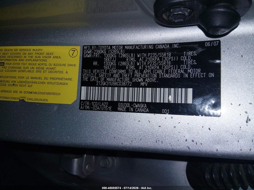 2008 Lexus Rx 350 VIN 2T2GK31U98C038772 IAAI salvage auction — FRONT END, Salvage (Arizona), sold $1,200 on 2026-08-03 (photo 9)