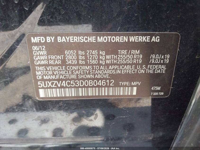 2013 BMW X5 VIN 5UXZV4C53D0B04612 IAAI salvage auction — NORMAL WEAR, Original (Texas), sold $25 on 2026-07-29 (photo 9)