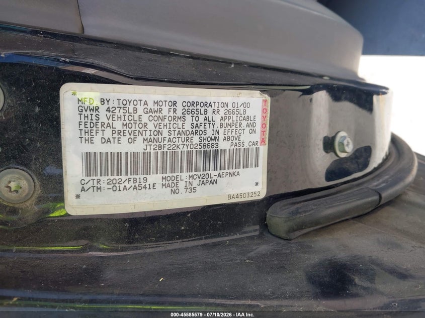 2000 Toyota Camry VIN JT2BF22K7Y0258683 IAAI salvage auction — NORMAL WEAR, Clear - Dealer Only (California), sold $150 on 2026-07-29 (photo 9)