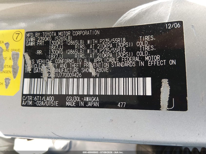 2007 Lexus Rx VIN JTJGK31U770009426 IAAI salvage auction — REAR END, Salvage (California), sold $475 on 2026-07-23 (photo 9)