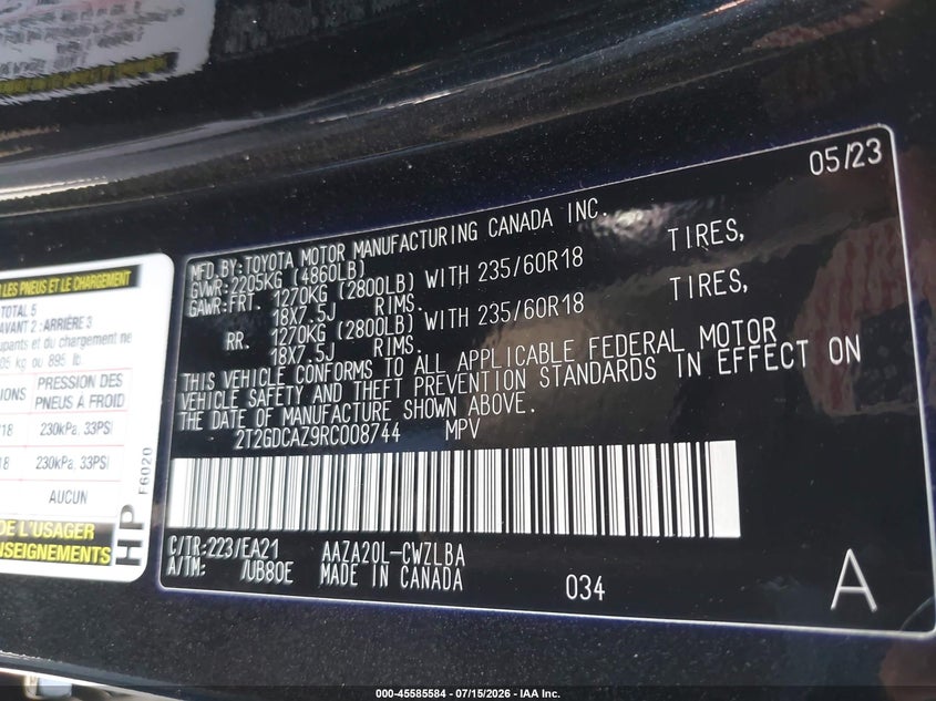 2024 Lexus Nx VIN 2T2GDCAZ9RC008744 IAAI salvage auction — SIDE, Wait Title, sold $11,850 on 2026-08-12 (photo 9)