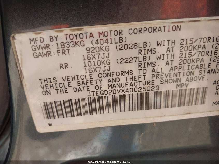 2004 Toyota Rav4 VIN JTEGD20VX40025029 IAAI salvage auction — NORMAL WEAR, Clear - Public Restricted (Oklahoma), sold $1,600 on 2026-07-15 (photo 9)