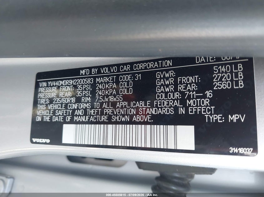 2017 Volvo Xc60 VIN YV440MDR9H2200583 IAAI salvage auction — REAR END, Salvage (Louisiana), sold $1,400 on 2026-08-20 (photo 9)