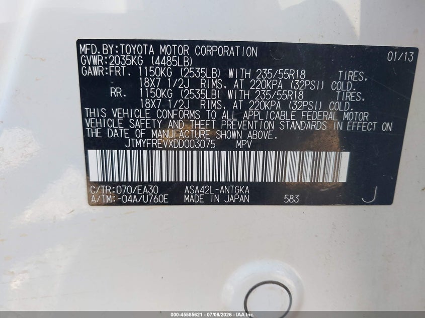 2013 Toyota Rav 4 VIN JTMYFREVXDD003075 IAAI salvage auction — NORMAL WEAR, Clear - Public Restricted (Oklahoma), sold $3,550 on 2026-07-21 (photo 9)