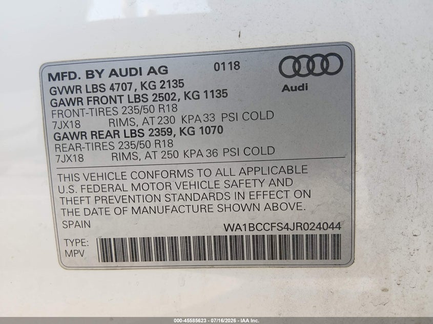 2018 Audi Q3 VIN WA1BCCFS4JR024044 IAAI salvage auction — SIDE, Salvage Title, sold $3,100 on 2026-08-02 (photo 9)