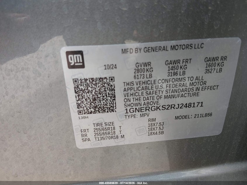 2024 Chevrolet Traverse VIN 1GNERGKS2RJ248171 IAAI salvage auction — LEFT FRONT, Salvage (Arizona), sold $11,100 on 2026-08-01 (photo 9)