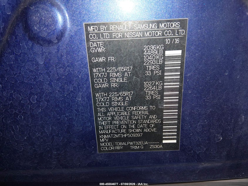 2017 Nissan Rogue VIN KNMAT2MT1HP509397 IAAI salvage auction — NORMAL WEAR, Clear-Dealer Only (Arizona), sold $1,575 on 2026-07-28 (photo 9)
