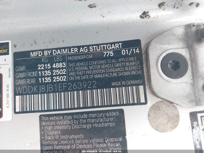 2014 Mercedes-benz E-klasse VIN WDDKJ8JB1EF263922 IAAI salvage auction — BIO HAZARD, Salvage (Tennessee), sold $600 on 2026-08-13 (photo 9)