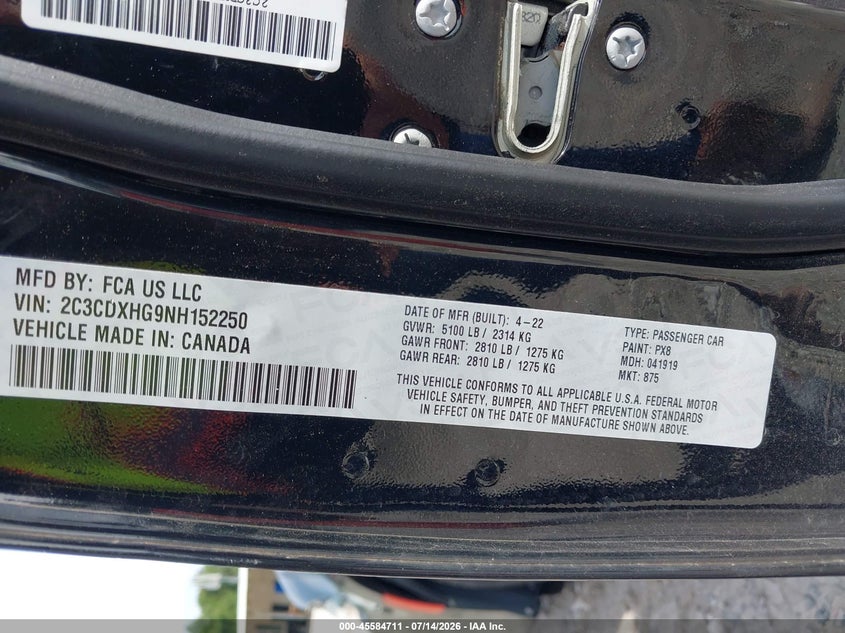 2022 Dodge Charger VIN 2C3CDXHG9NH152250 IAAI salvage auction — RIGHT FRONT, Salvage (North Carolina), sold $3,550 on 2026-08-27 (photo 9)