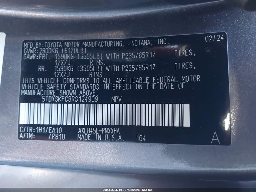 2024 Toyota Sienna VIN 5TDYSKFC8RS124909 IAAI salvage auction — LEFT REAR, Salvage (California), sold $17,350 on 2026-07-22 (photo 9)