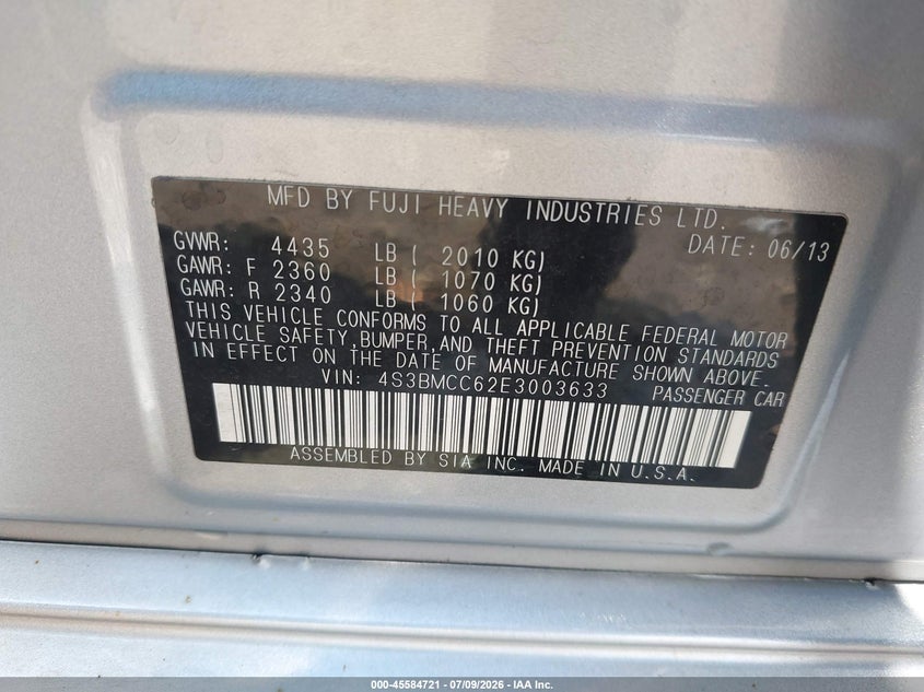 2014 Subaru LEGACY VIN 4S3BMCC62E3003633 IAAI salvage auction — SIDE, Salvage Title, sold $1,300 on 2026-07-19 (photo 9)