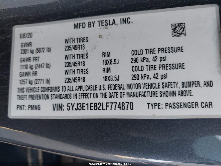2020 Tesla Model 3 VIN 5YJ3E1EB2LF774870 IAAI salvage auction — FRONT END, Rebuildable (Florida), sold $4,700 on 2026-07-30 (photo 9)