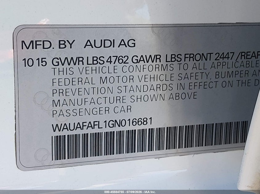 2016 Audi A4 VIN WAUAFAFL1GN016681 IAAI salvage auction — FRONT END, Wait Title, sold $2,000 on 2026-09-02 (photo 9)