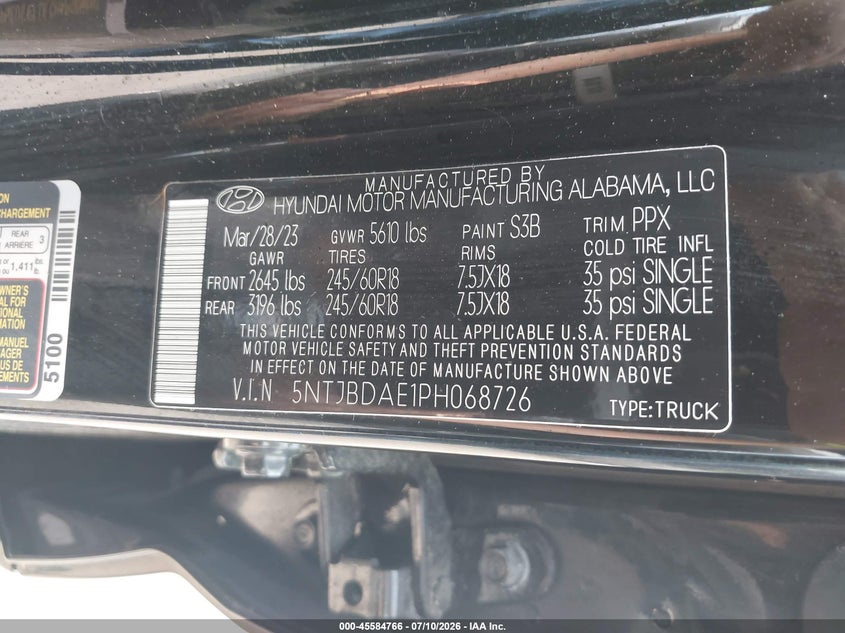2023 Hyundai Santa cruz VIN 5NTJBDAE1PH068726 IAAI salvage auction — HAIL, Salvage (Ohio), sold $7,100 on 2026-08-01 (photo 9)