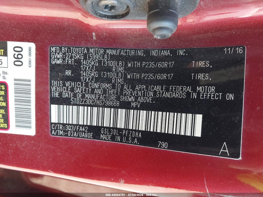 2017 Toyota Sienna VIN 5TDZZ3DC7HS798668 IAAI salvage auction — NORMAL WEAR, Clear (Florida), sold $2,700 on 2026-07-28 (photo 9)