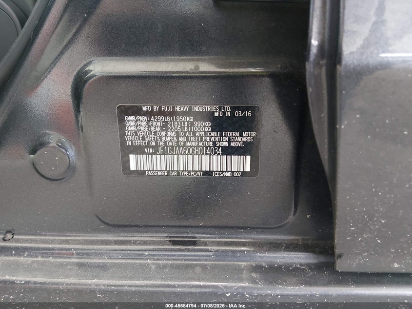 2016 Subaru Impreza VIN JF1GJAA60GH014034 IAAI salvage auction — NORMAL WEAR, Clear (Florida), sold $225 on 2026-07-22 (photo 9)