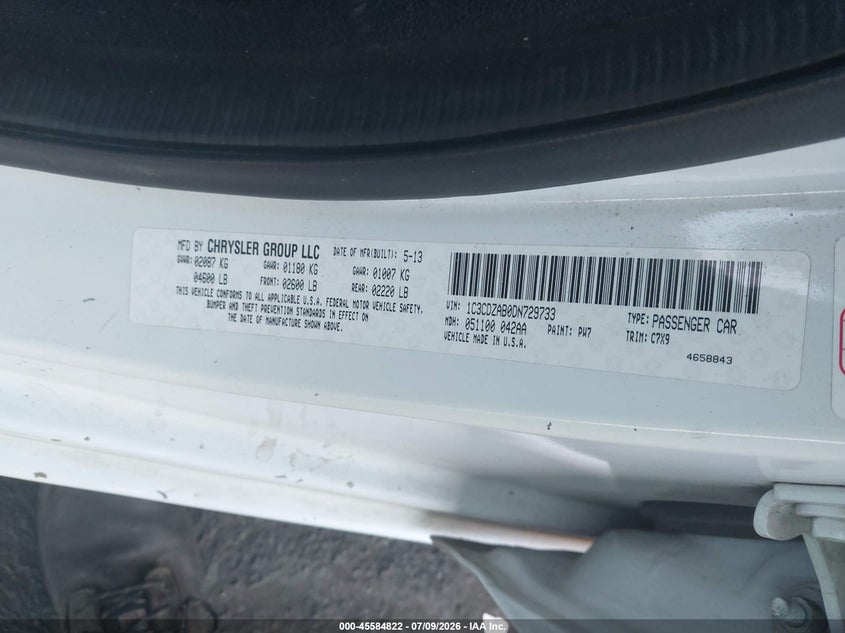 2013 Dodge Avenger VIN 1C3CDZAB0DN729733 IAAI salvage auction — LEFT FRONT, Salvage Title, sold $625 on 2026-08-14 (photo 9)