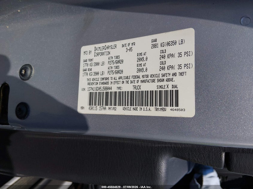 2005 Dodge Ram 1500 VIN 1D7HU16D05J588044 IAAI salvage auction — NORMAL WEAR, Clear (North Carolina), sold $8,450 on 2026-07-15 (photo 9)