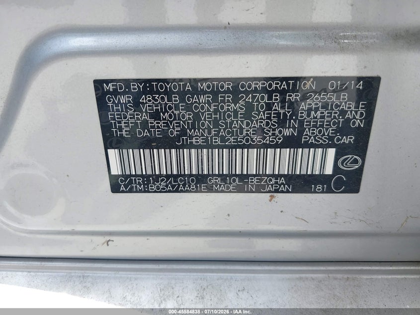 2014 Lexus Gs VIN JTHBE1BL2E5035459 IAAI salvage auction — WATER/FLOOD, Salvage (Texas), sold $5,600 on 2026-08-01 (photo 9)
