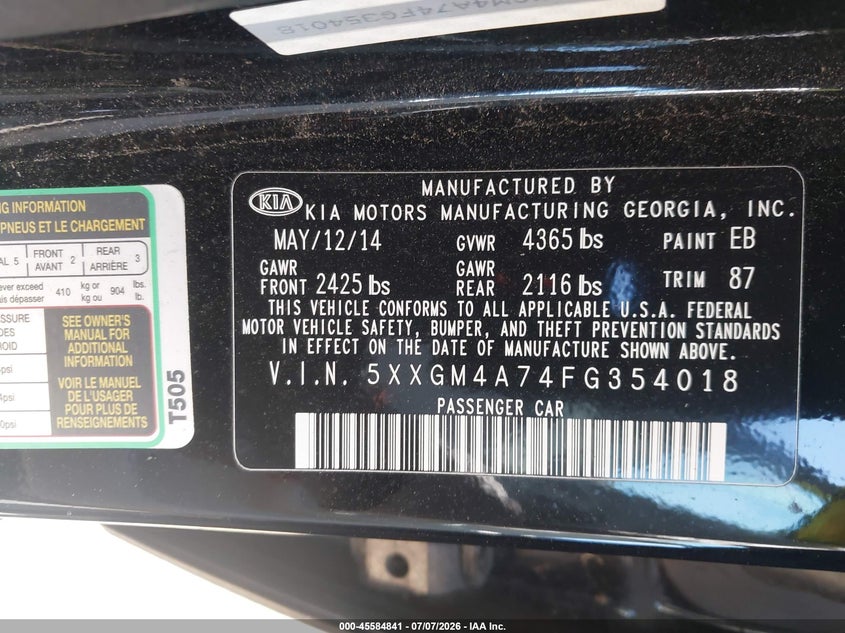 2015 Kia Optima VIN 5XXGM4A74FG354018 IAAI salvage auction — NORMAL WEAR, Salvage Title, sold $350 on 2026-07-29 (photo 9)