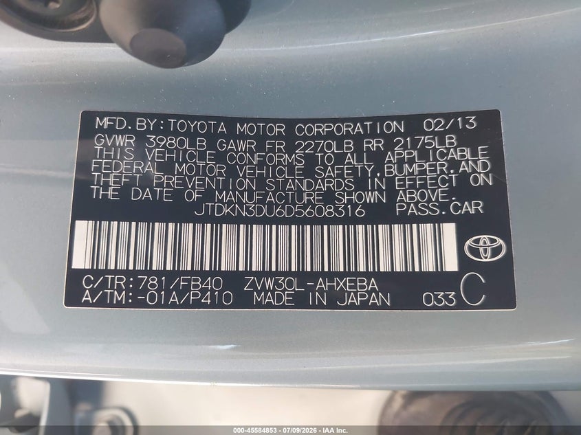 2013 Toyota Prius VIN JTDKN3DU6D5608316 IAAI salvage auction — FRONT END, Salvage (California), sold $3,700 on 2026-07-29 (photo 9)