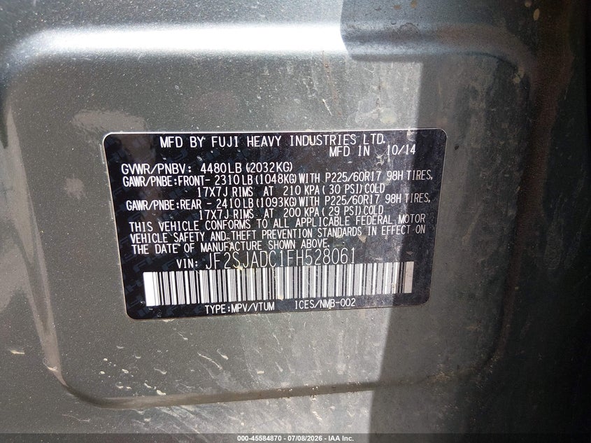 2015 Subaru Forester VIN JF2SJADC1FH528061 IAAI salvage auction — NORMAL WEAR, Clear (New Jersey), sold $525 on 2026-07-28 (photo 9)