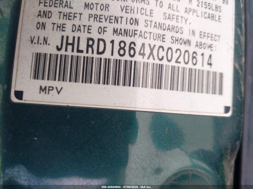 1999 Honda Cr-v VIN JHLRD1864XC020614 IAAI salvage auction — NORMAL WEAR, Clear - Dealer Only (California), sold $350 on 2026-07-13 (photo 9)