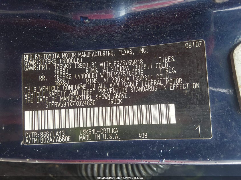 2007 Toyota Tundra VIN 5TFRV581X7X024830 IAAI salvage auction — UNKNOWN, Clear (Tennessee), sold $1,900 on 2026-07-16 (photo 9)