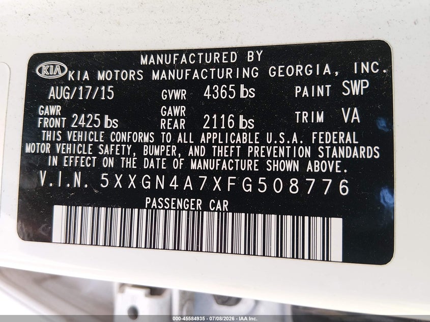 2015 Kia Optima VIN 5XXGN4A7XFG508776 IAAI salvage auction — NORMAL WEAR, Clear (Missouri), sold $900 on 2026-07-29 (photo 9)