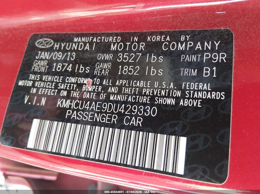 2013 Hyundai Accent VIN KMHCU4AE9DU429330 IAAI salvage auction — NORMAL WEAR, Clear (Tennessee), sold $425 on 2026-07-30 (photo 9)
