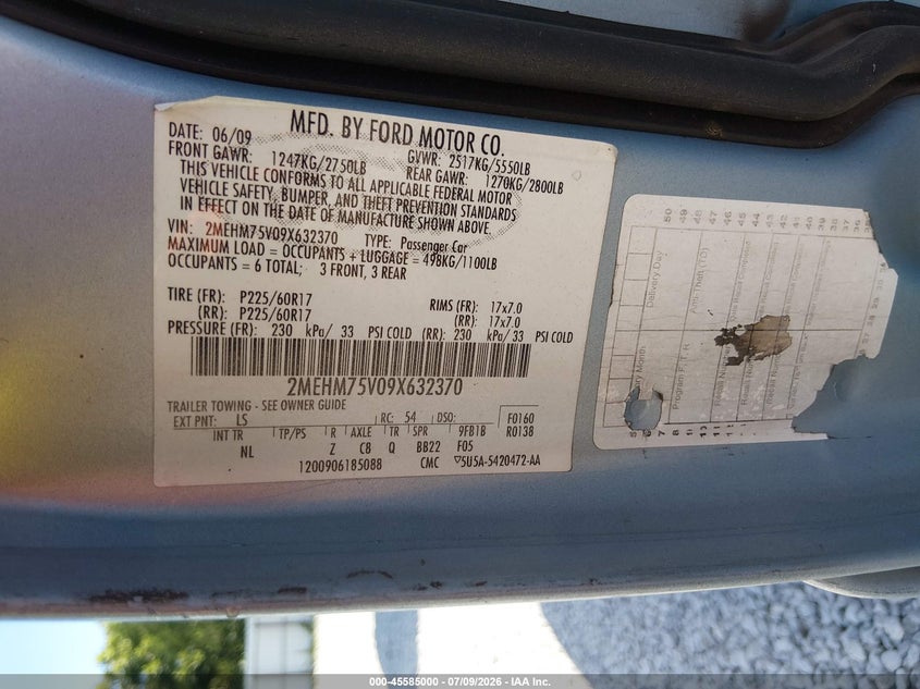 2009 Mercury Grand marquis VIN 2MEHM75V09X632370 IAAI salvage auction — REAR END, Salvage (Alabama), sold $150 on 2026-07-30 (photo 9)