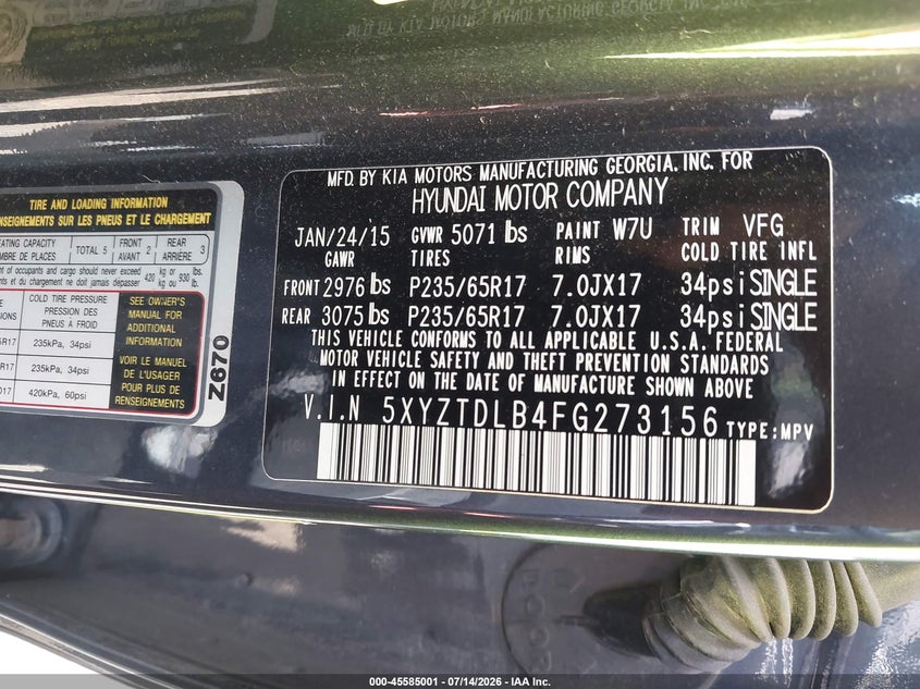2015 Hyundai Santa fe VIN 5XYZTDLB4FG273156 IAAI salvage auction — NORMAL WEAR, Clear (Virginia), sold $2,725 on 2026-07-23 (photo 9)