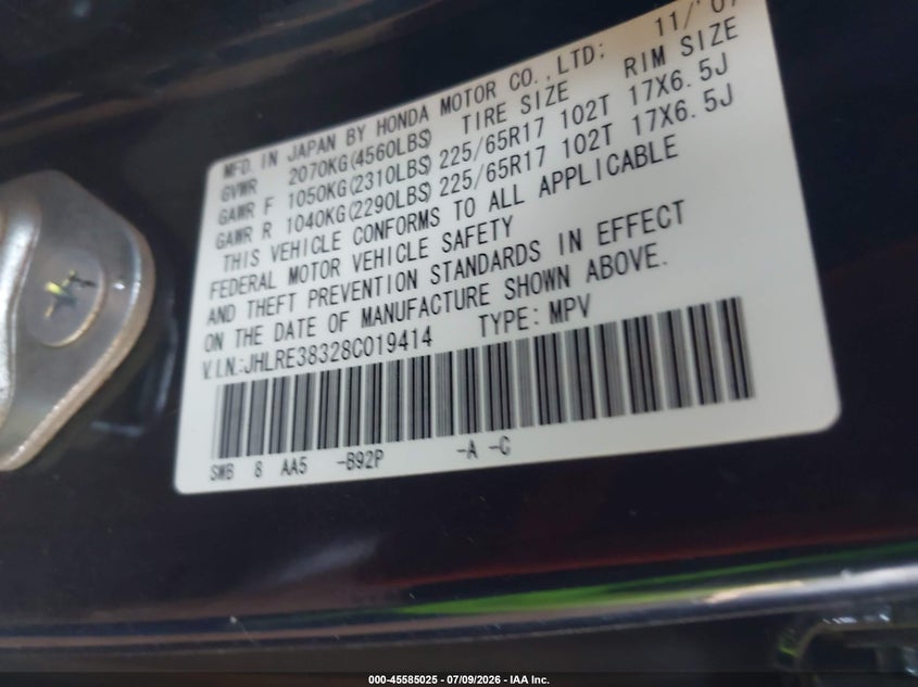2008 Honda Cr-v VIN JHLRE38328C019414 IAAI salvage auction — NORMAL WEAR, Restored (Arizona), sold $25 on 2026-07-28 (photo 9)