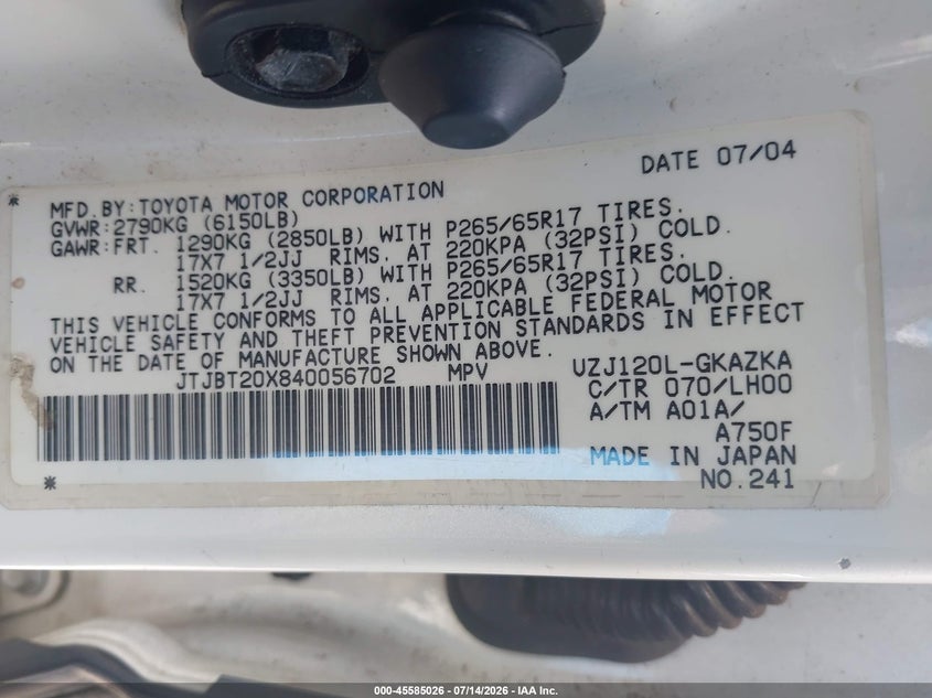 2004 Lexus Gx 470 VIN JTJBT20X840056702 IAAI salvage auction — NORMAL WEAR, Clear-Dealer Only (North Carolina), sold $3,050 on 2026-07-20 (photo 9)