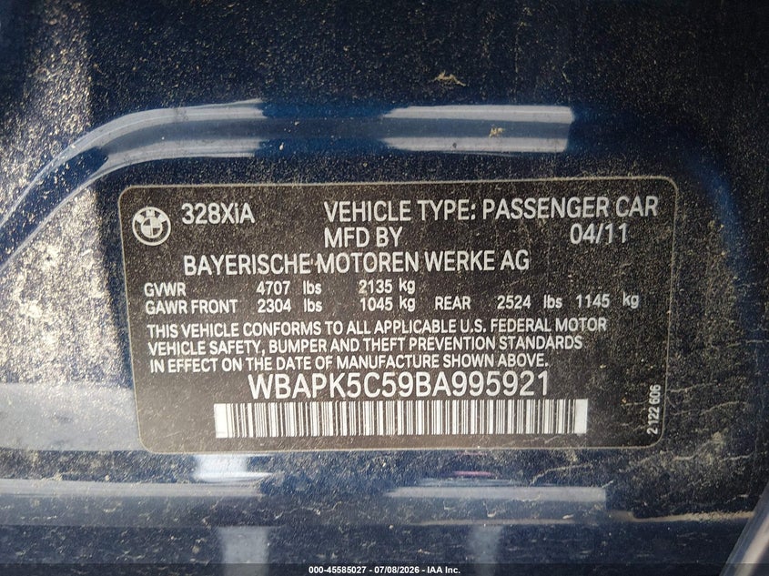 2011 BMW 3 series VIN WBAPK5C59BA995921 IAAI salvage auction — NORMAL WEAR, Clear (North Carolina), sold $375 on 2026-07-16 (photo 9)