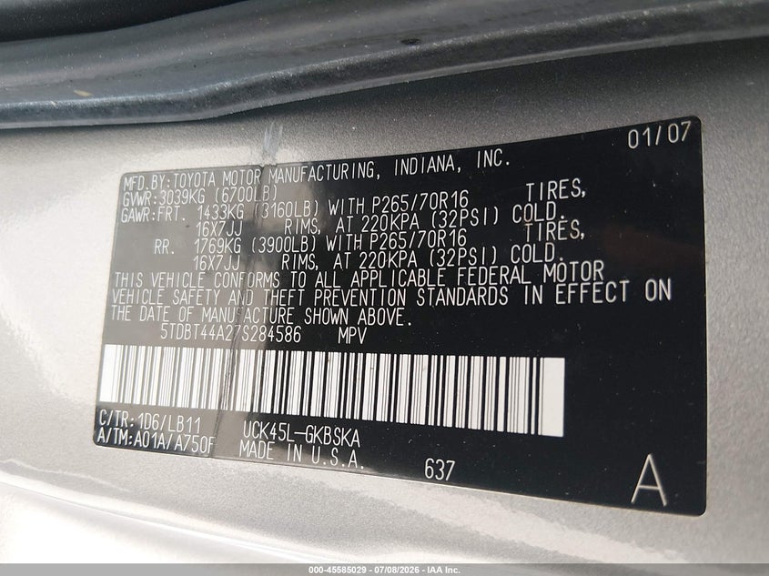 2007 Toyota Sequoia VIN 5TDBT44A27S284586 IAAI salvage auction — NORMAL WEAR, Clear (North Carolina), sold $1,000 on 2026-07-29 (photo 9)