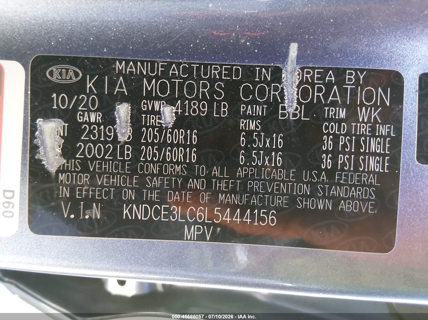 2020 Kia Niro VIN KNDCE3LC6L5444156 IAAI salvage auction — FRONT END, Salvage (California), sold $7,000 on 2026-08-01 (photo 9)