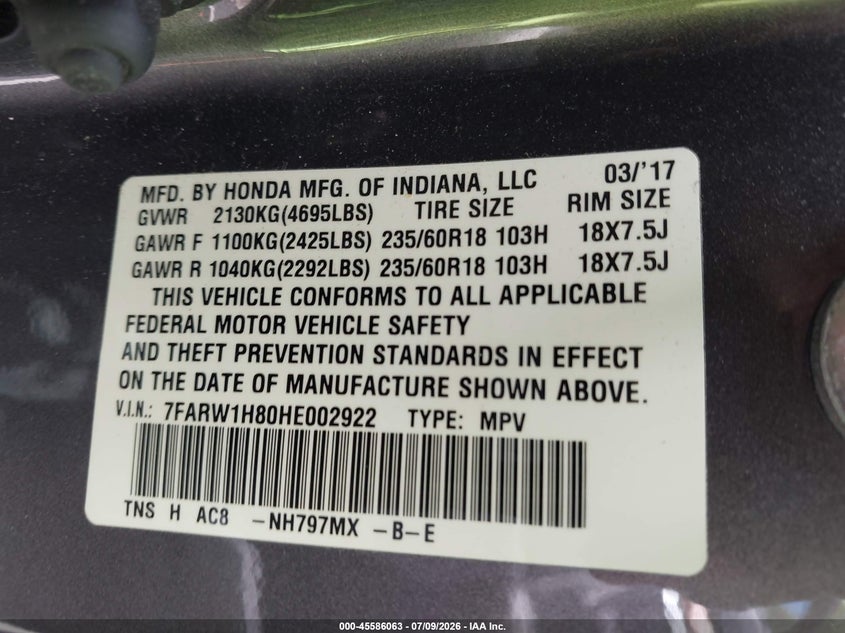 2017 Honda Cr-v VIN 7FARW1H80HE002922 IAAI salvage auction — FRONT END, Rebuildable (Florida), sold $2,600 on 2026-07-28 (photo 9)