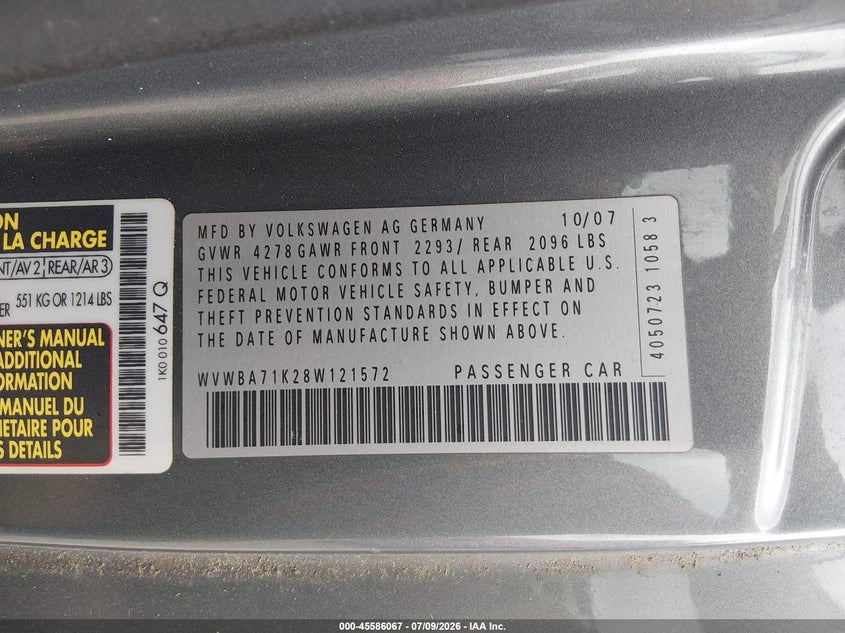 2008 Volkswagen Rabbit VIN WVWBA71K28W121572 IAAI salvage auction — NORMAL WEAR, Clear (Maryland), sold $400 on 2026-07-30 (photo 9)