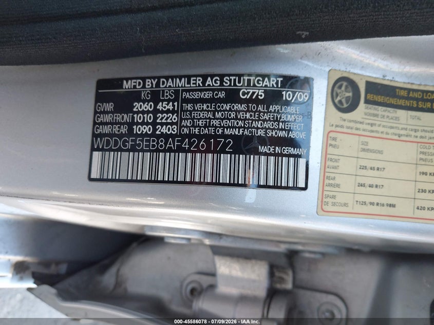2010 Mercedes-benz C class VIN WDDGF5EB8AF426172 IAAI salvage auction — FRONT END, Salvage (California), sold $675 on 2026-08-02 (photo 9)