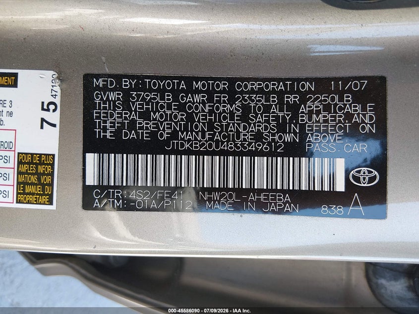 2008 Toyota Prius VIN JTDKB20U483349612 IAAI salvage auction — NO DAMAGE, Salvage (California), sold $950 on 2026-07-27 (photo 9)