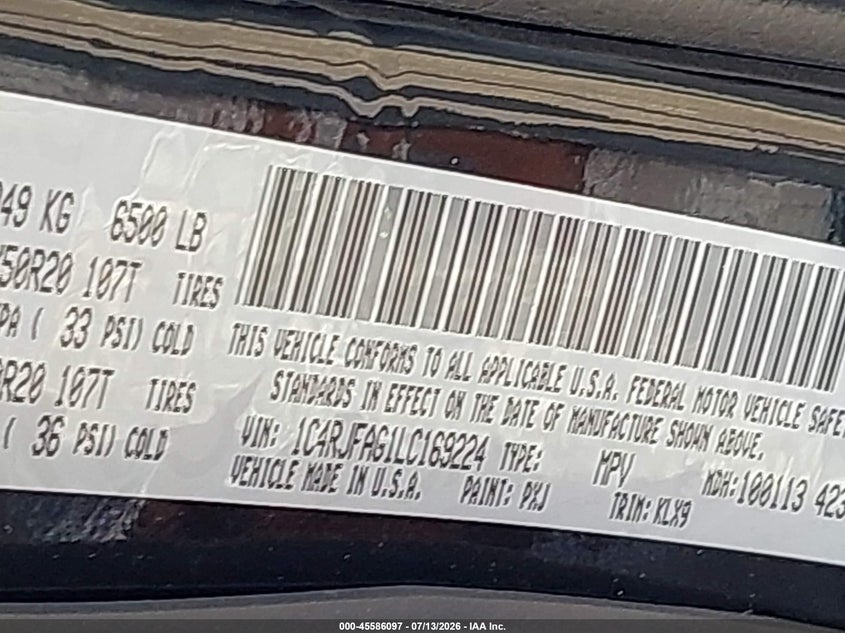 2020 Jeep Grand cherokee VIN 1C4RJFAG1LC169224 IAAI salvage auction — FRONT END, Wait Title, sold $6,100 on 2026-08-07 (photo 9)