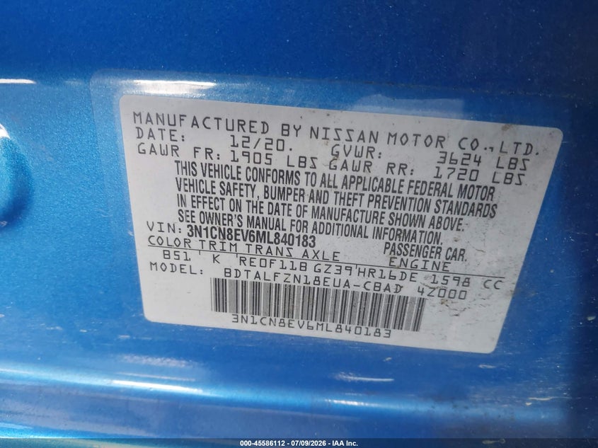 2021 Nissan Versa VIN 3N1CN8EV6ML840183 IAAI salvage auction — SIDE, Salvage Title, sold $225 on 2026-09-05 (photo 9)