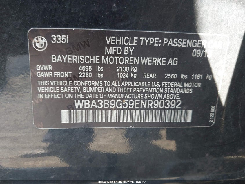 2014 BMW 3er VIN WBA3B9G59ENR90392 IAAI salvage auction — NORMAL WEAR, Clear (Pennsylvania), sold $2,300 on 2026-07-28 (photo 9)