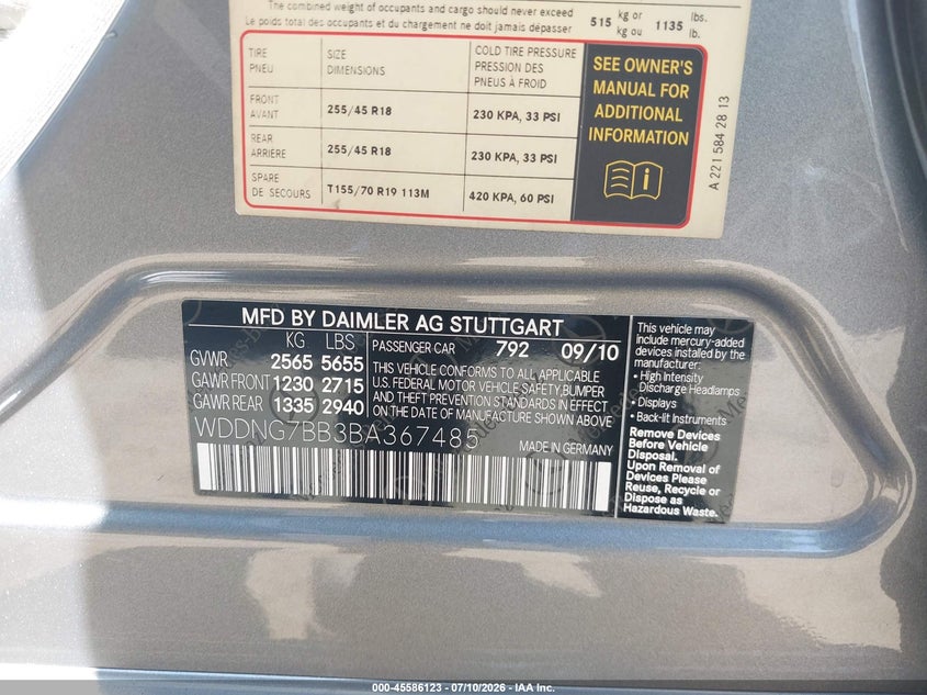2011 Mercedes-benz S class VIN WDDNG7BB3BA367485 IAAI salvage auction — NORMAL WEAR, Clear - Dealer Only (California), sold $6,325 on 2026-07-15 (photo 9)