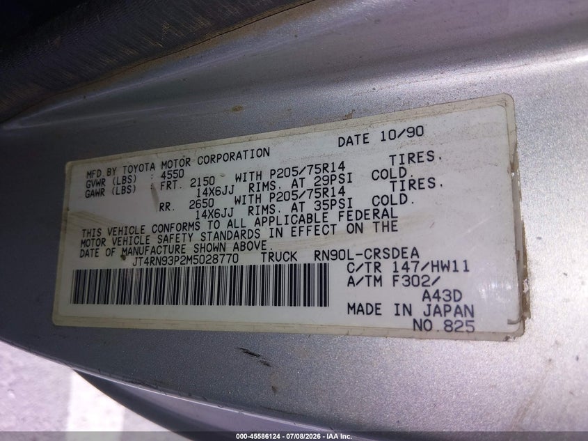 1991 Toyota Pickup VIN JT4RN93P2M5028770 IAAI salvage auction — NORMAL WEAR, Clear - Dealer Only (California), sold $2,150 on 2026-07-28 (photo 9)
