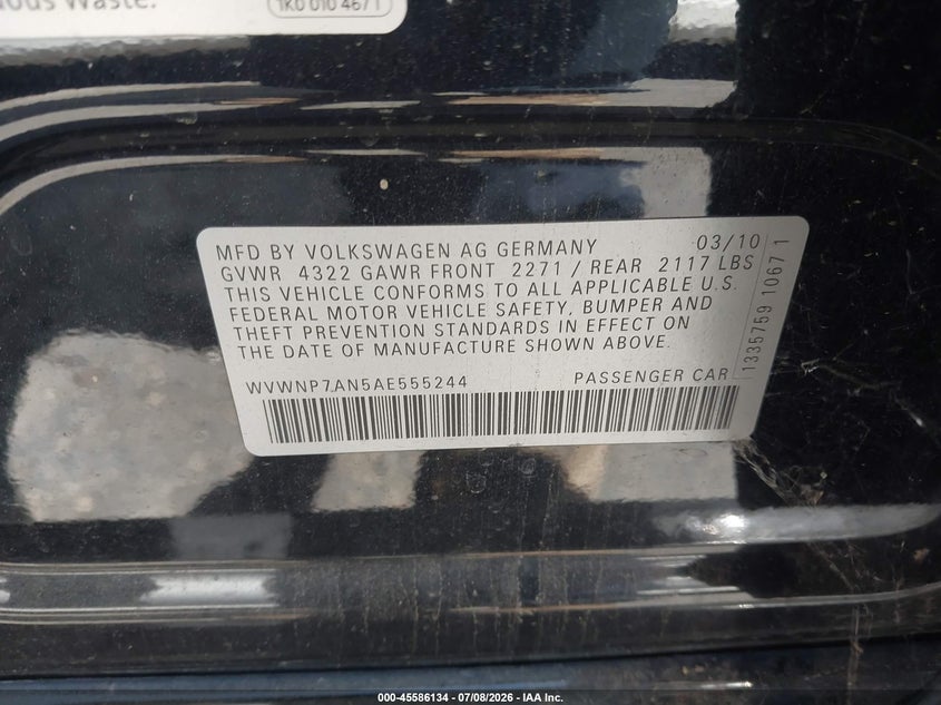 2010 Volkswagen Cc VIN WVWNP7AN5AE555244 IAAI salvage auction — THEFT, Salvage (California), sold $275 on 2026-08-20 (photo 9)