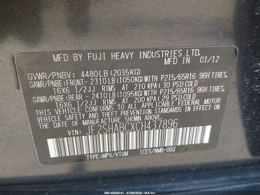 2012 Subaru Forester VIN JF2SHABCXCH437896 IAAI salvage auction — LEFT FRONT, Clear - Dealer Only (California), sold $875 on 2026-07-28 (photo 9)